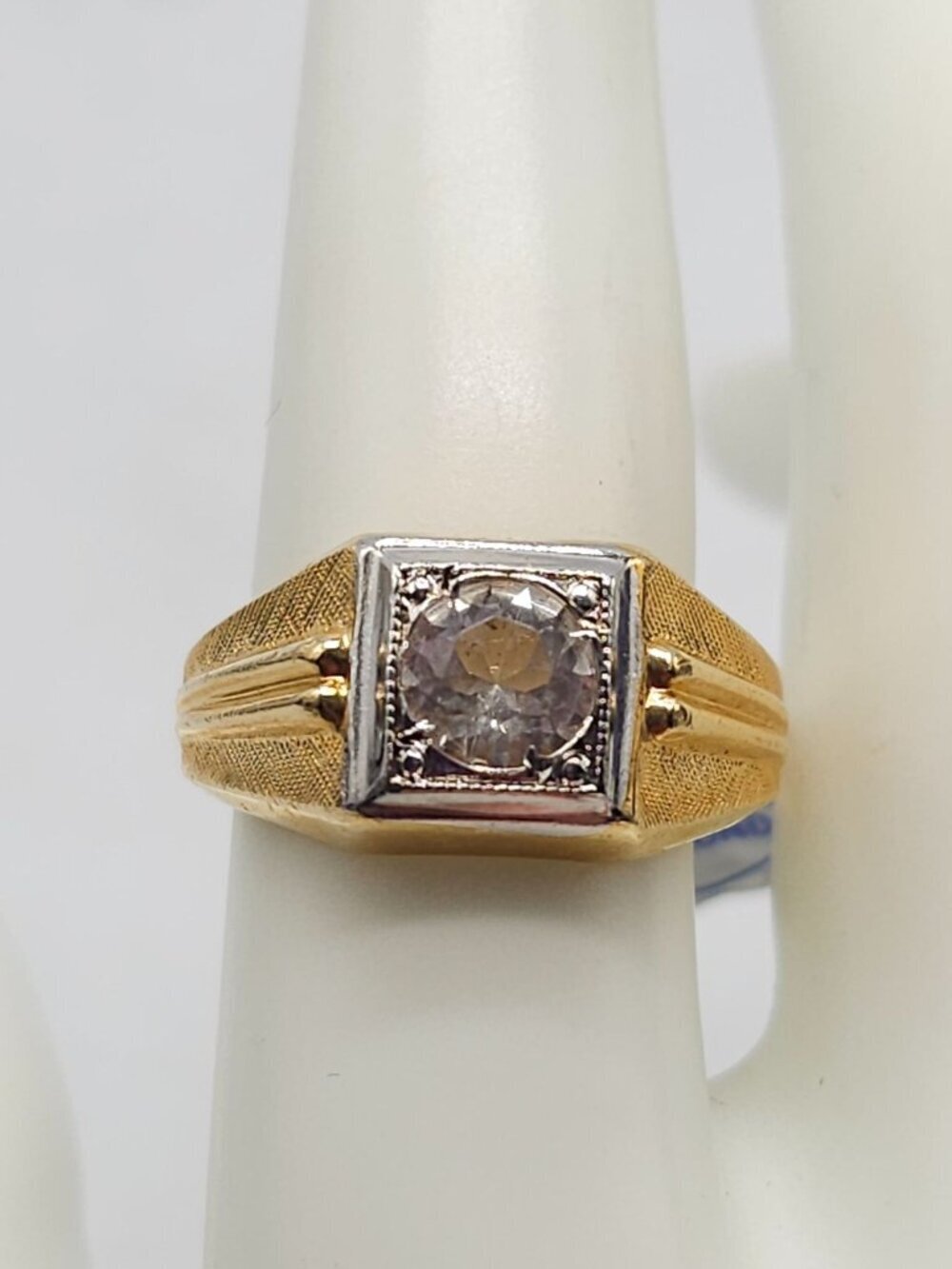 18K Gold Electroplated Mens Ring With Cubic Zirconia Textured Design Size 8